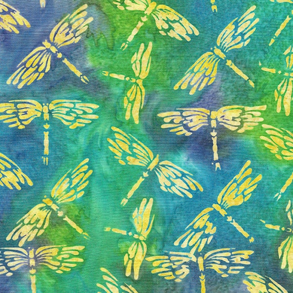 Island Batik - IB 112018865 - Marbles Dragonfly - Lemon Grass - Multi Moss Green Turquoise Blue Indigo Purple Flying Insects Fireflies Bugs