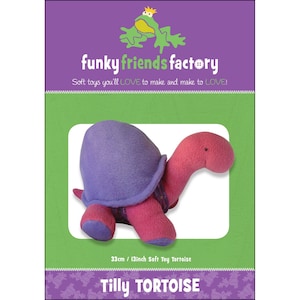 May include: A plush toy tortoise with a purple shell and pink body. The image includes the text "funky friends factory" and "Tilly TORTOISE". The toy measures 13 inches in length.