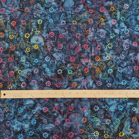 Batik Textiles - 4702 - Rainbow Navy Swirling Flowers - Fireworks  Collection Blender Fabric - Multicolored Mini Floral Dots Dark Blue Black