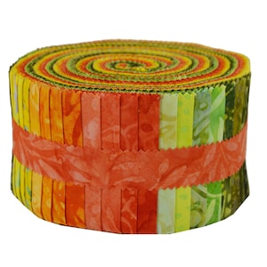 CITRUS - 40 - 2.5&quot; Maywood Studio - Java Batik Fabric Strips - Dark Orange Spring Green Sunny Yellow Summer Citrine Happy - st-masjab-cit