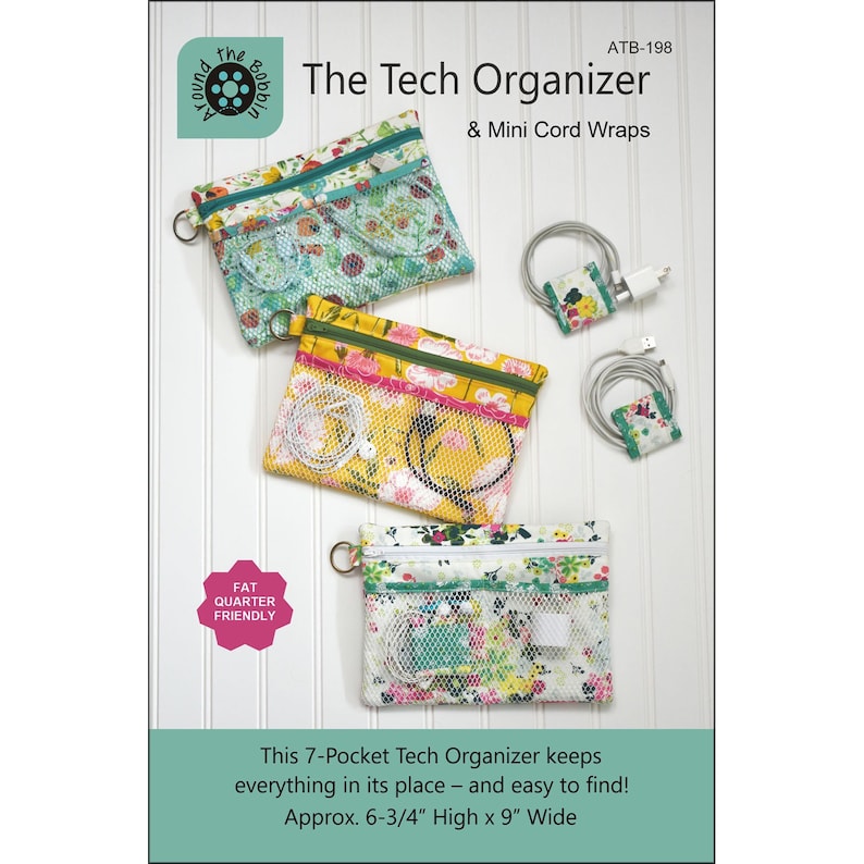 May include: The image showcases three floral-patterned tech organizers with mesh pockets and mini cord wraps. The organizers, approximately 6.75 inches high and 9 inches wide, feature a variety of colorful floral designs and zippers. The text on the image reads "The Tech Organizer & Mini Cord Wraps."