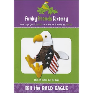 May include: A soft toy eagle with a white head, brown body, and yellow beak and feet. The eagle's wings are decorated with the American flag. The packaging reads "funky friends factory" and "Bill the BALD EAGLE". The toy measures 14 inches.