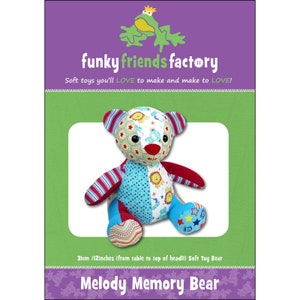 May include: A colorful patchwork soft toy bear with red, blue, and patterned fabrics. The bear has a red nose and arms, with blue and patterned legs. The image includes the text "funky friends factory" and "Melody Memory Bear". The bear is 12 inches tall.