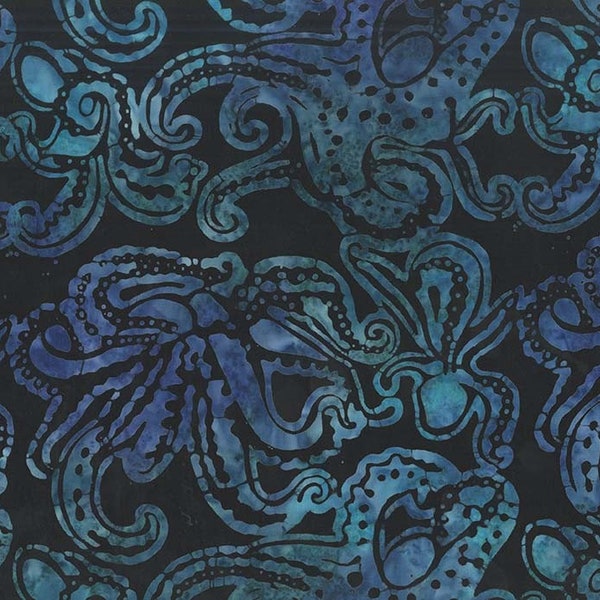 Michael Miller - Midnight Octopus - Tropical Batik Fabric - BT7780-MIDN-D - Black Dark Blue Indigo Gray Hawaii Fish Coral Reef Ocean Marine