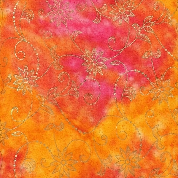 TCI Flannel Batik Fabric - Moonlight Textures - Floral Scroll - Orange Pink - Metallic Gold - Bright Hot Tangerine Magenta Red Tiger Fire