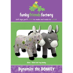 May include: Two soft toy donkeys, one gray with a floral pattern and one solid gray, are featured on a purple and green background. The text "funky friends factory" and "Dynamite the DONKEY" are visible. The donkeys are 13 inches tall.