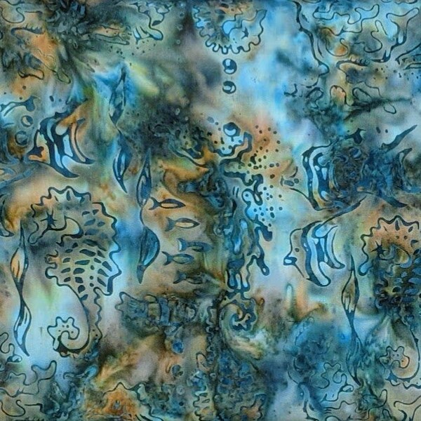 Batik Textiles - 5757 - Turquoise Teal Copper Fish - Ocean Breeze Fabric Blender - Deep Dark Burnt Orange Blue Black Seahorse Coral Shells