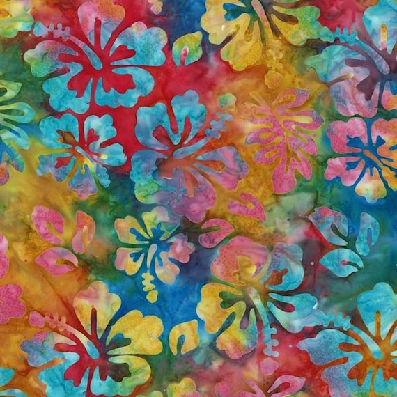 Green Yellow Orange Hawaii Flower Brown Teal Blue Bright Hibiscus Blossom Citrus Michael Miller BT8511-CITR-D Tropical Batik Fabric