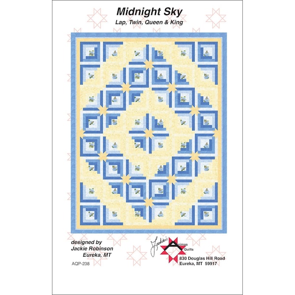 MIDNIGHT SKY Quilt Pattern - Jackie Robinson - Animas Quilts AQP-238 - Log Cabin Stars Floral Flowers Hydrangea Benartex Blue Yellow