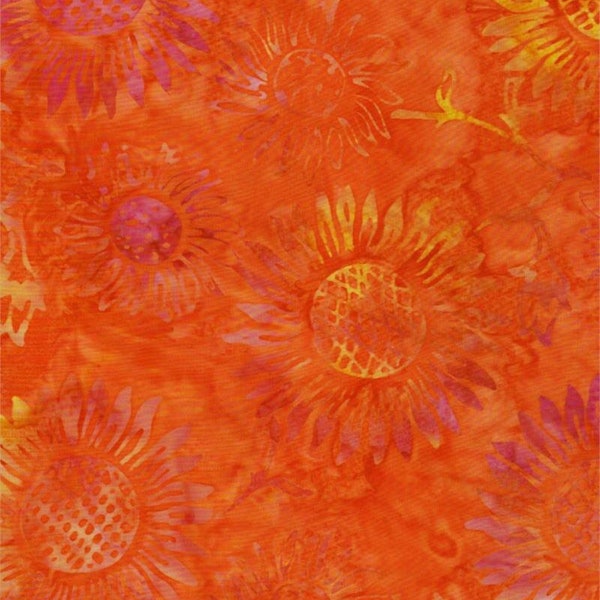 Batik Textiles - 4209 - Bright Orange Sunflower - Remnants of Summer Fabric - Deep Large Floral Flower Leaf Leaves Sunny Purple
