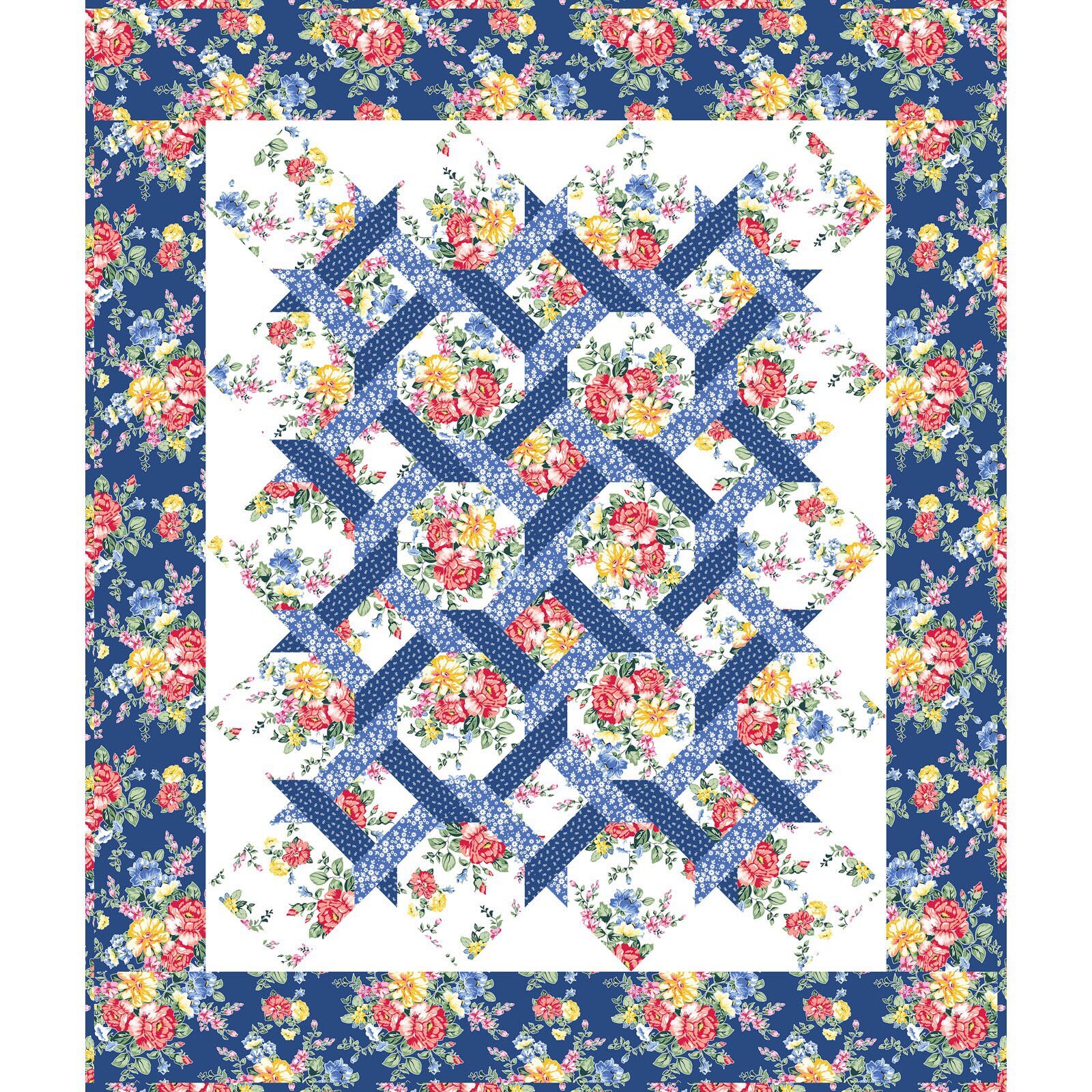 Beautiful Oversized King Size Floral Quilt Set – Antique Garden Patchwork Pattern In Blue, Red, Purple, Yellow, Green – 100% Cotton, Vintage Style