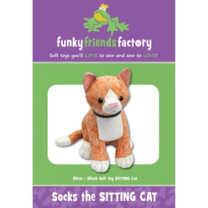 May include: A plush orange and white cat toy, approximately 12 inches tall, with a black collar. The packaging features the text "funky friends factory" and "Socks the SITTING CAT". The background is green and purple.