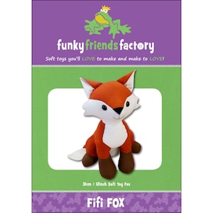 May include: A plush fox toy, named Fifi, with orange, white, and brown colors. The toy is 12 inches tall and is part of the Funky Friends Factory collection. The packaging includes the text "Soft toys you'll LOVE to make and make to LOVE!"
