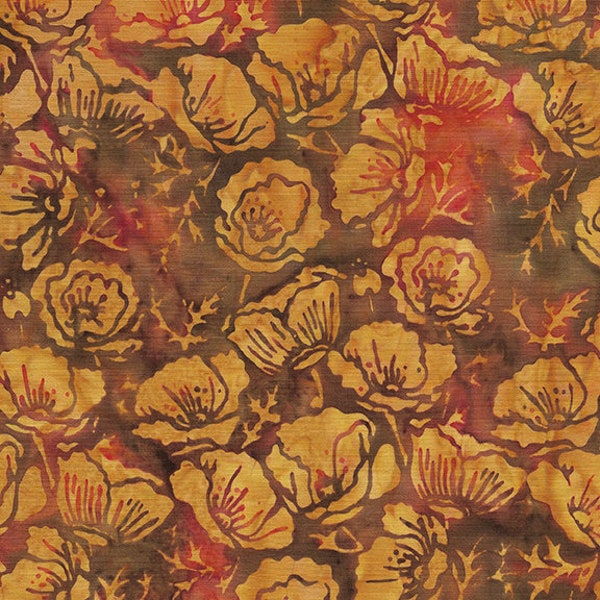 Island Batik - IB 122004081 - Spiced Nutmeg Poppies - Autumn Sunset- Warm Spiced Brown Beige Orange Copper Bronze Fall Floral Flowers Red