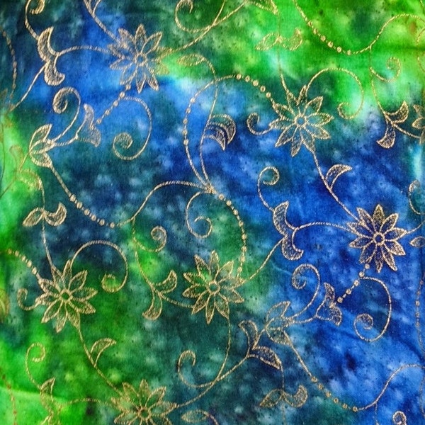 TCI Flannel Batik Fabric - Moonlight Textures - Floral Scroll - Blue Green - Metallic Gold - Deep Dark Royal Kelly Teal Lagoon Cold Winter