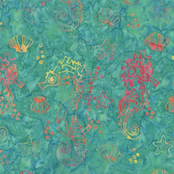 Michael Miller - Teal Green Seahorse - Marine Batik Fabric - BT7782-AQUA-D -  Sea Foam Red Yellow Tropical Hawaiian Animal Coral Reef Ocean