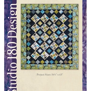 May include: A quilt pattern titled "Sea Glass" by Deb Tucker. The design features a geometric pattern of diamonds in shades of blue, green, and gray, with a dark blue background. The project size is 54.5 inches by 63 inches.