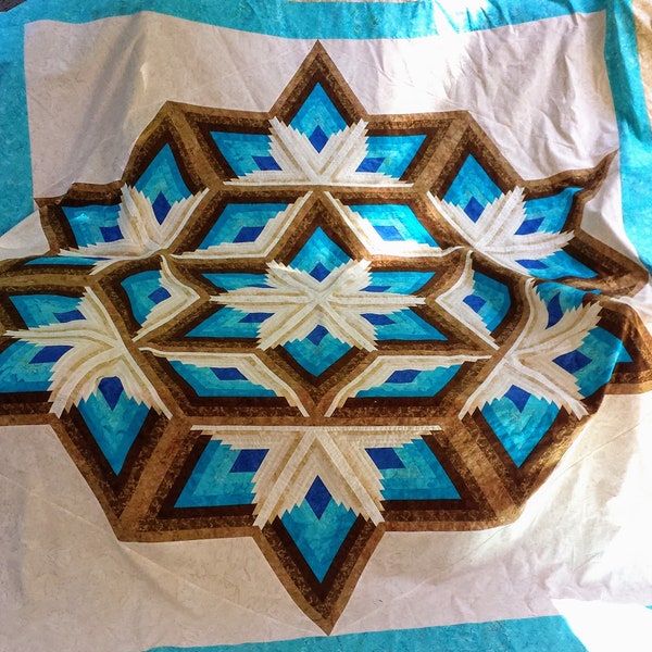 DIAMOND LOG CABIN Star Quilt Pattern - Dunster Quilts - Linda Bretton - 60 Degree 6-Point Star - Includes Paper Template - Blue Brown Beach