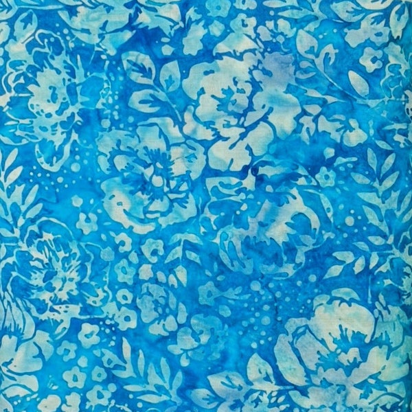 Hoffman California - Frozen In Time - S2363-136 Peacock - Peony - Bali Batik Fabric - Bright Turquoise Blue Floral Flowers Bouquet Leaves