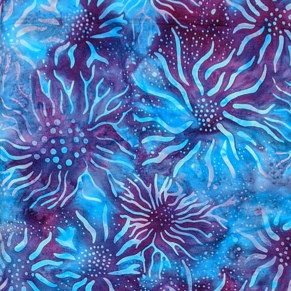 Batik Textiles - 4507 -  Turquoise Blue Purple Dried Flowers - Serendipity Fabric Blender - Plum Violet Contrasting Thin Large Floral Mums