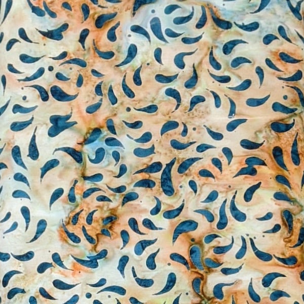 Batik Textiles - 5755 - Teal Gray Copper Rain Drops - Ocean Breeze Fabric Blender- Orange Blue Turquoise Cloudy Smoke Ash Ivory Eyebrow Curl