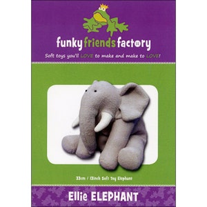 May include: A soft toy elephant pattern, featuring a gray elephant with white tusks, is displayed on a purple and green background. The text reads "funky friends factory" and "Ellie ELEPHANT". The elephant measures 13 inches.