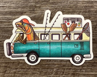 Fish Wagon Sticker, Trout Sticker, Fly Fishing Art, Fathers Day Gift, Funny Fishing, Brown Trout, Volkswagon Bus