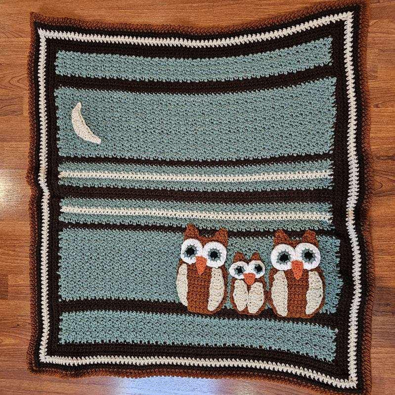 Night Sky Baby Blanket with Owl Family Crochet Kids Animal Moon
