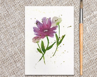 Daisy Watercolor, Purple Flower Art, Colorful Gift, Original Painting, Handmade Watercolor, Small Painting, Dear Morning Glory, Whimsical
