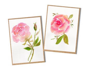 Roses, Set of 6 Blank Greeting Cards w/Envelopes, Watercolor Painting, Pink Flowers, Pretty Colorful Art Card, Dear Morning Glory