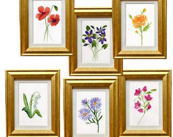 Choice of 18 Gold Framed Mini Birth Month Paintings, Watercolor Flower Print, Mini Botanical Art, Watercolor Birthday Gift,  Hostess Gift