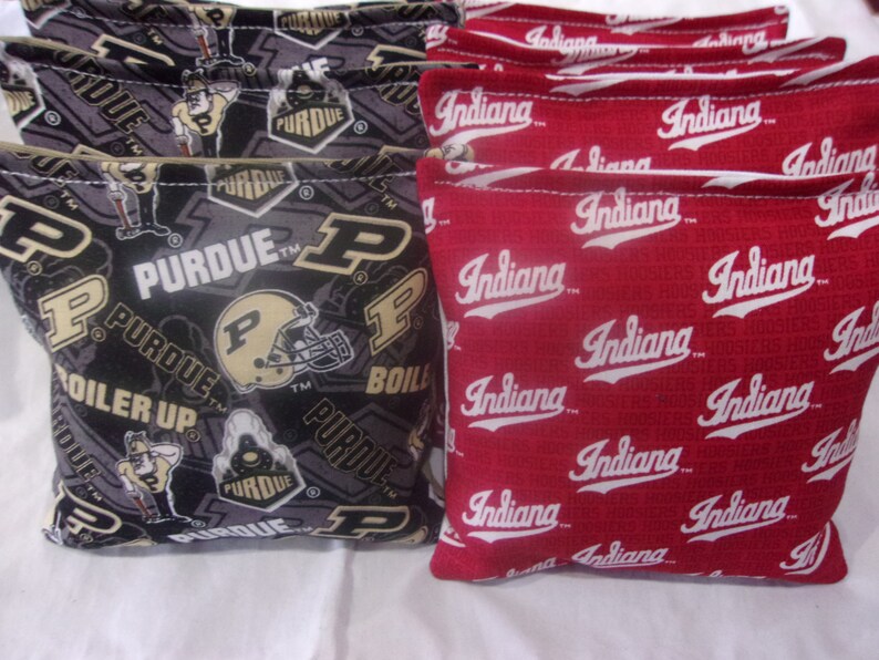 Set of 8 ACA Regulation Cornhole Bags Handmade from Indiana Hoosier Print and Purdue University Print