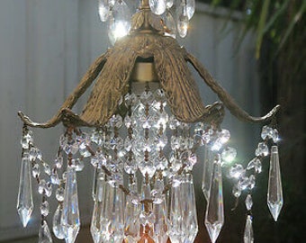 Vintage SWAG Blue aqua opaline beads Brass hanging lamp chandelier crystal prism
