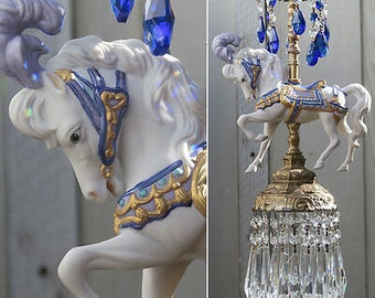 Vintage SWAG Lamp White porcelain Horse Carousel brass ceiling Chandelier kids 