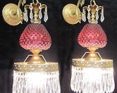 Reserved 4 Vintage Sconces Fenton Cranberry art Glass Bronze Brass Lamp crystal French Crystal Prisms