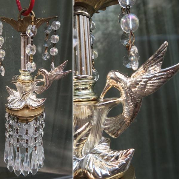 Exotic Silver Hummingbird Bird Ceiling with canopy set lamp Chandelier Crystal prism brass silver & gold tone Tropical