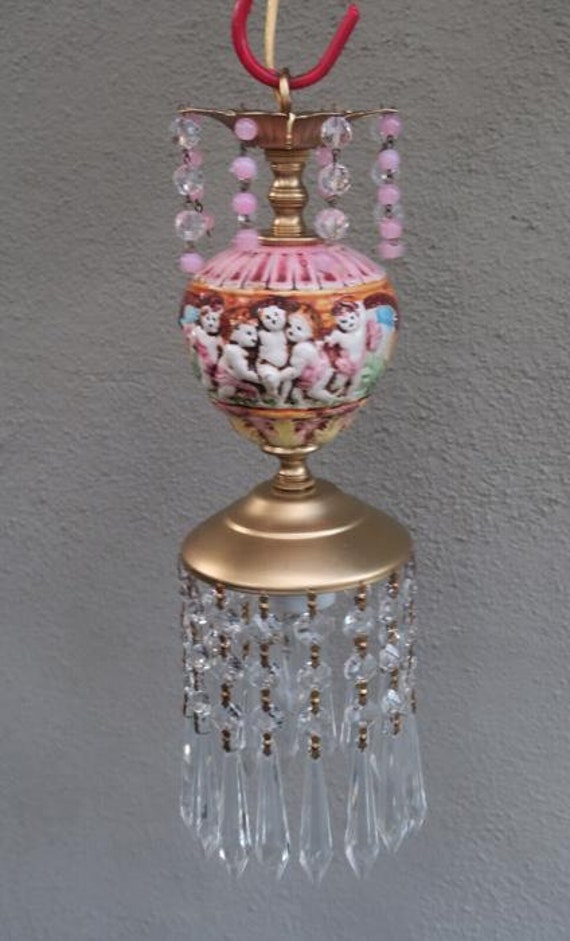 1 Vintage Brass Tole Swag Crystal Lamp Chandelier… - image 5