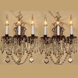 2 Vintage brass Bronze Crystal lamp Sconces ROCOCO French Inspired Dining lighting