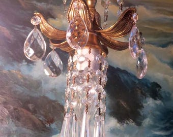 Lamp Chandelier Large Swag Plugin Flower Lily Crystal Prism Brass Tole Spelter gilt