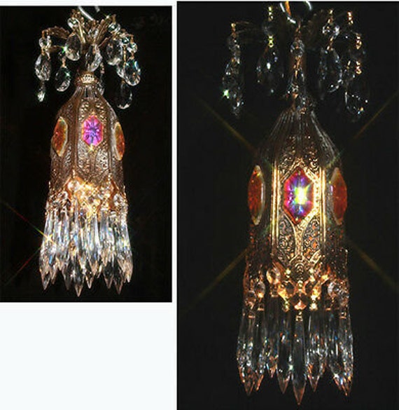 PAIR of crystal SWAG Cherub hanging Lamp Chandelier brass plated Vintage spelter