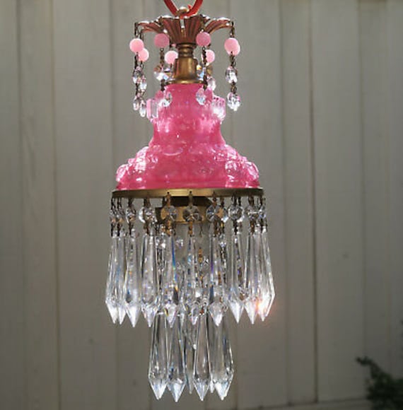 Lg Vintage Rose Pink Lady Cupcake Glass Crystal Brass Swag Plugin