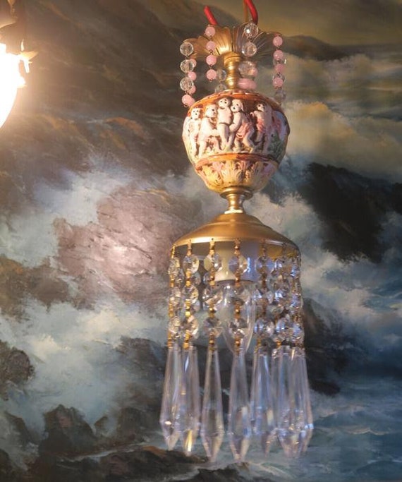 1 Vintage Brass Tole Swag Crystal Lamp Chandelier… - image 10