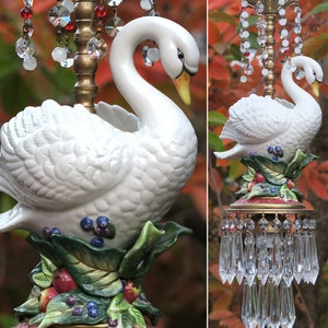 Swan Bird Ceiling Light Lamp Chandelier Glass Brass Porcelain Opaline Canopy dazzling beads