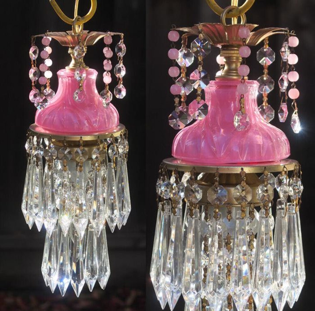 1 Vintage Rose Pink Lady Cupcake Glass Crystal Brass Swag Lamp ...