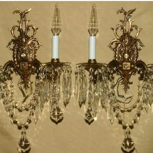 PAIR Vintage Gilt Bronze Brass Crystal Lamp Sconces Rococo French Spain wall lights U-drop prisms