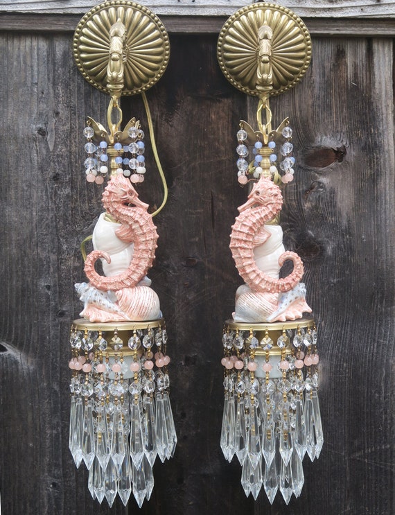 2 Whimsical Sconces Seahorse Brass Bronze Porcelai