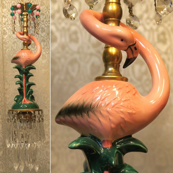 Tropical Flamingo Bird ceiling mount light with canopy Lamp Chandelier Crystal Brass tole Porcelain n Opaline Glass Beads garland swags