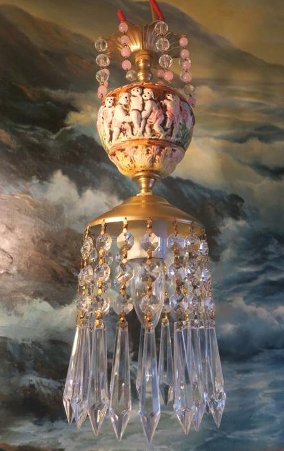 1 Vintage Brass Tole Swag Crystal Lamp Chandelier… - image 4