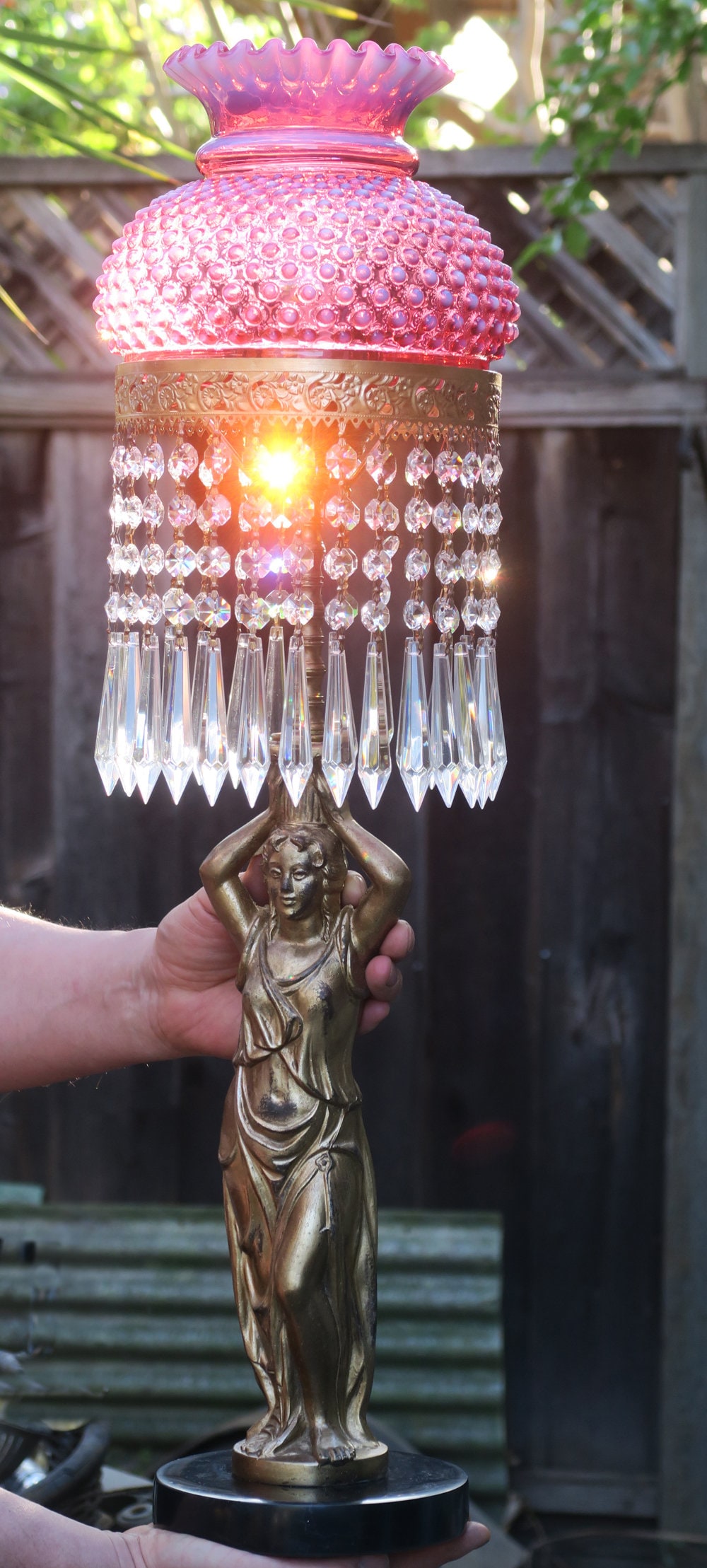 1 Fenton Lamp Vintage Lady Brass Spelter Crystal Prism Cranberry