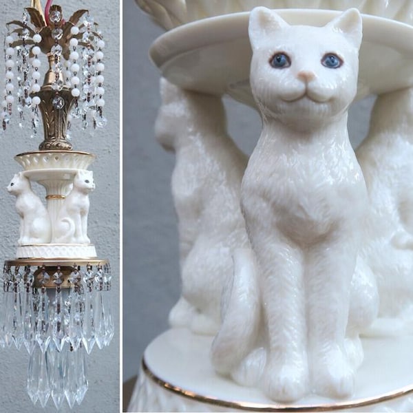 Vintage Lamp Chandelier Porcelain Cat Ceiling canopy chain  brass tole white opaline Bead garlands